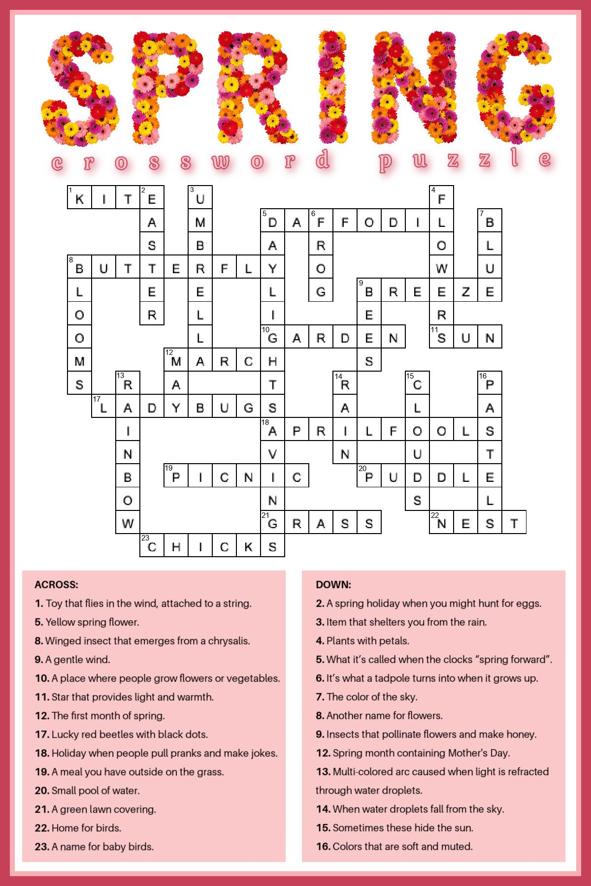 free spring crossword puzzle printable - answer key included